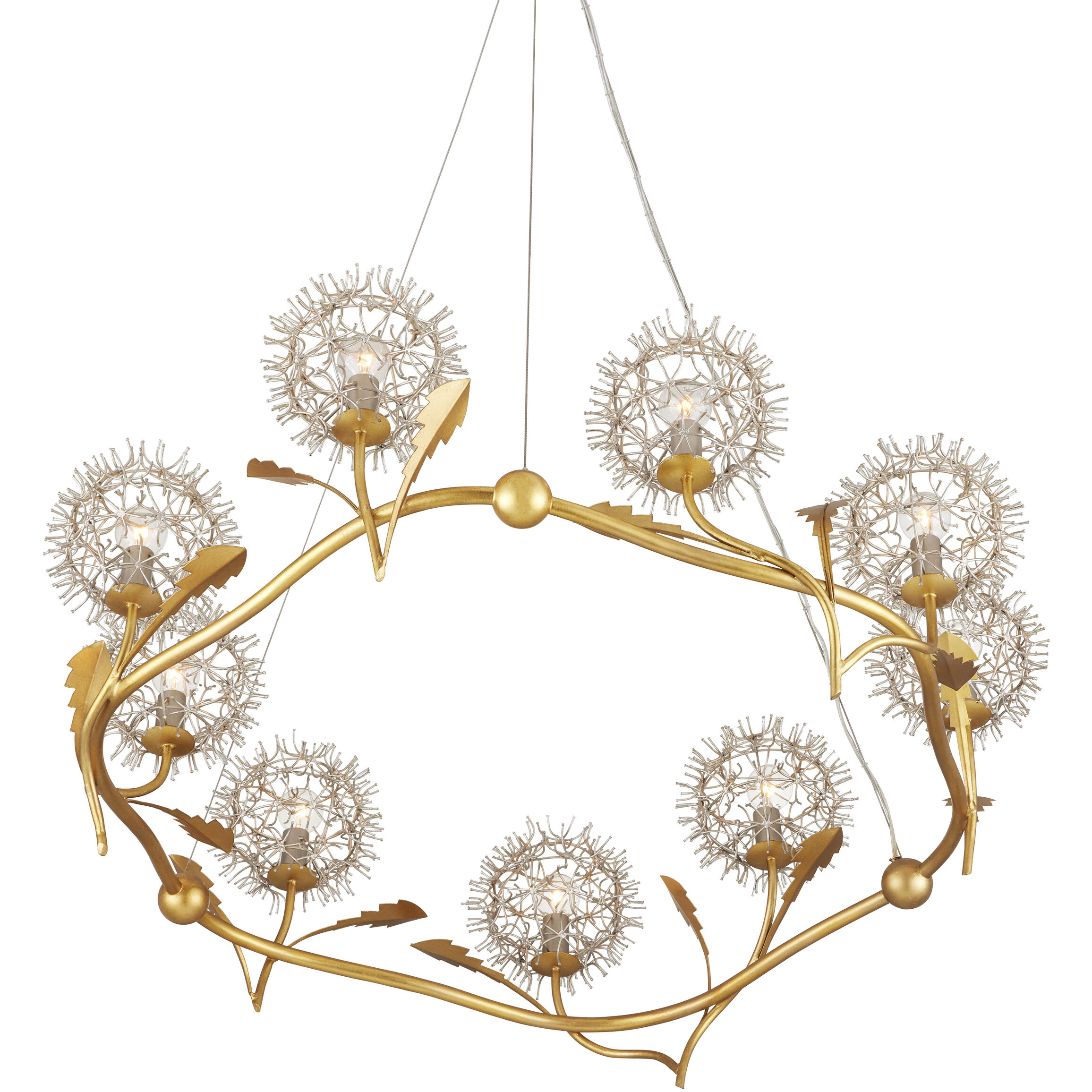 Dandelion 9 Light 38.5 inch Silver and Contemporary Gold Leaf Chandelier Ceiling Light