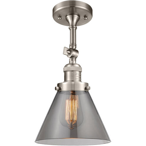 Franklin Restoration Large Cone LED 8 inch Brushed Satin Nickel Semi-Flush Mount Ceiling Light in Plated Smoke Glass, Franklin Restoration
