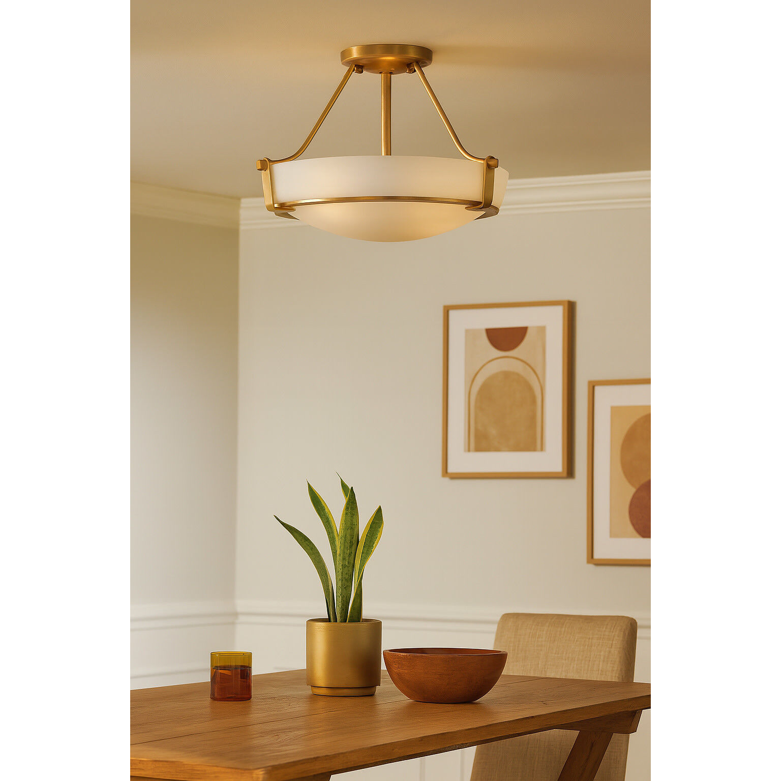 Hathaway 3 Light 16 inch Heritage Brass Indoor Semi-Flush Mount Ceiling Light in Etched White