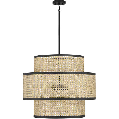 Mid-Century Modern 3 Light 22 inch Natural Cane with Matte Black Pendant Ceiling Light