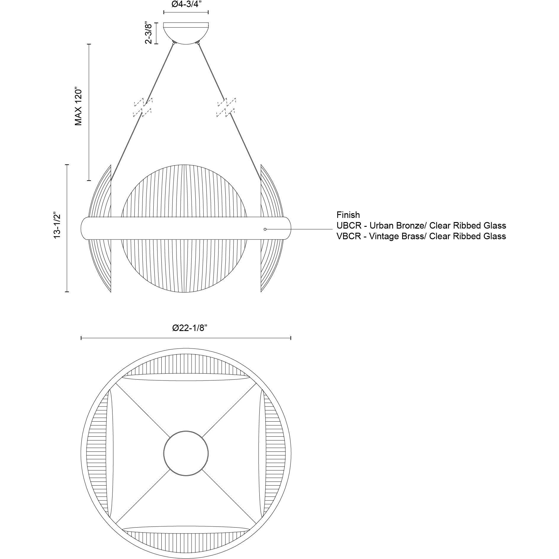 Taurus LED 22.13 inch Urban Bronze/Clear Ribbed Glass Chandelier Ceiling Light