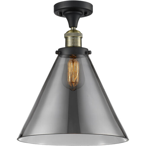 Franklin Restoration X-Large Cone LED 12 inch Black Antique Brass Semi-Flush Mount Ceiling Light in Plated Smoke Glass, Franklin Restoration