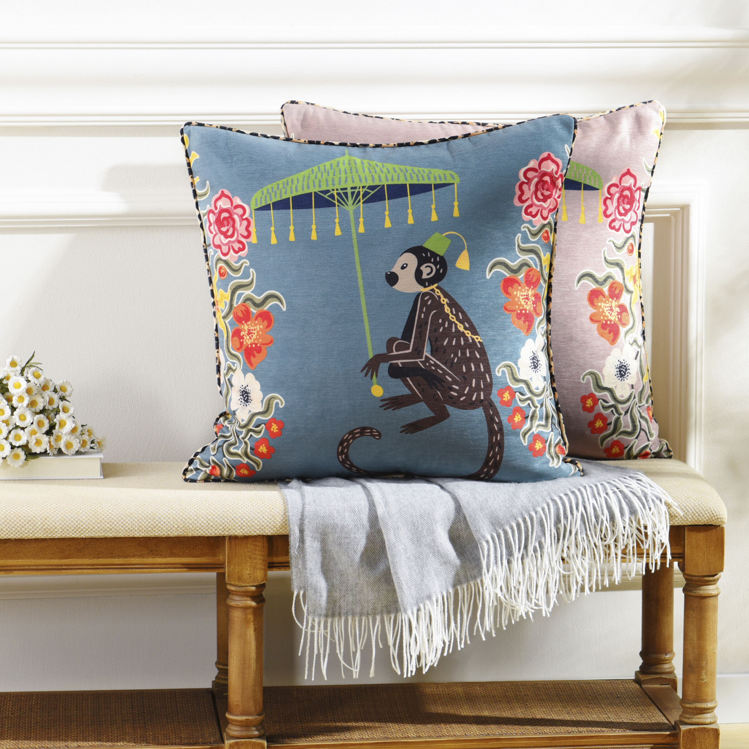 Maharaja Monkey 24 X 6 inch Blue Gray Pillow