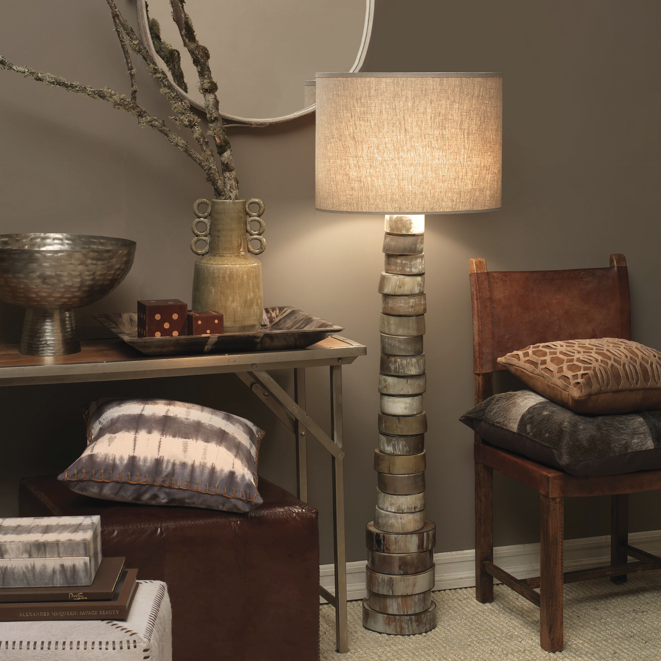 Stacked Horn 60 inch 150 watt Brown and Grey with Cream Floor Lamp Portable Light