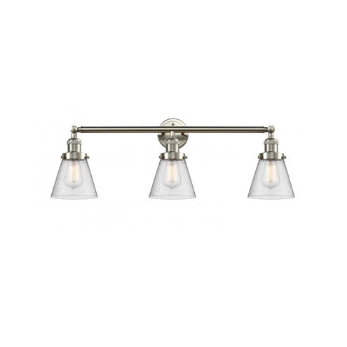 Franklin Restoration Small Cone 3 Light 30 inch Brushed Satin Nickel Bath Vanity Light Wall Light in Seedy Glass, Franklin Restoration
