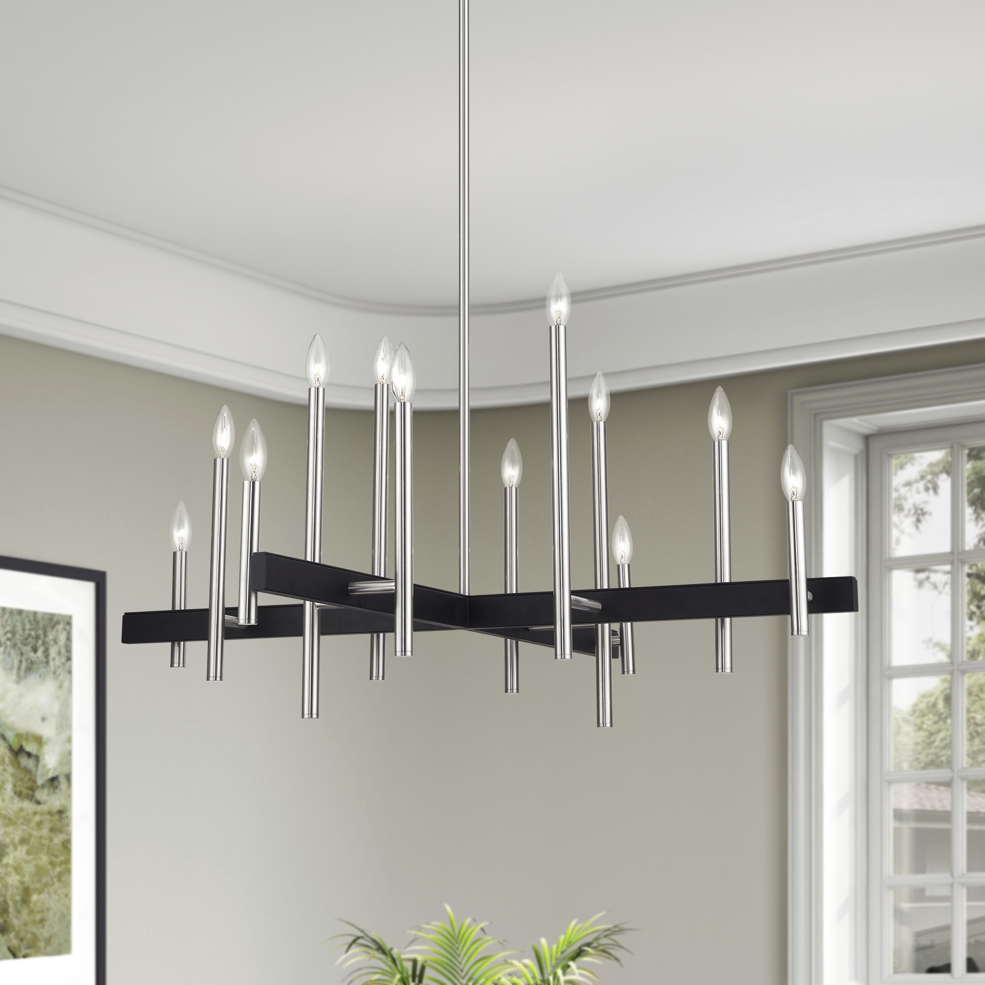 Denmark 12 Light Brushed Nickel with Black Accents Linear Chandelier Ceiling Light