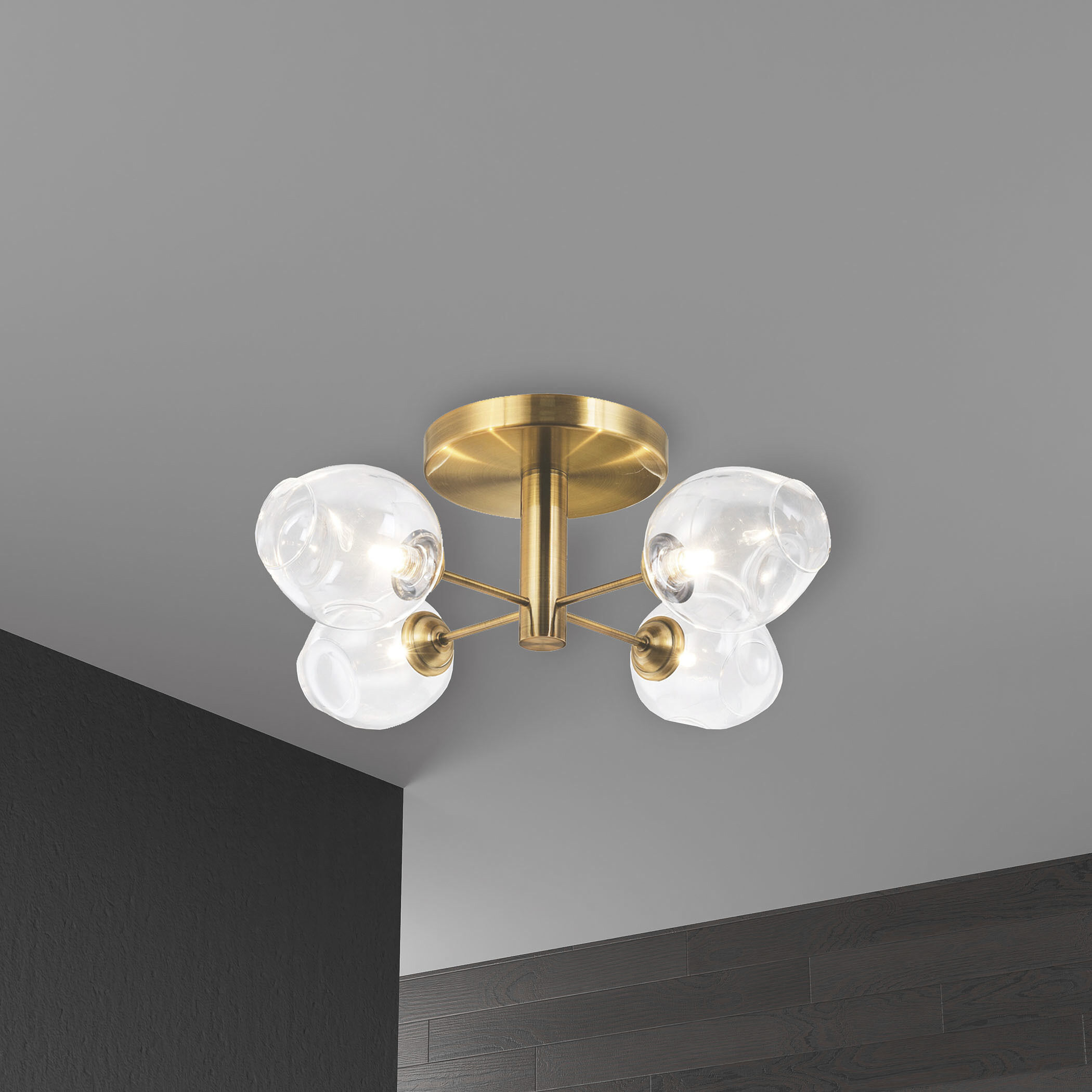 Abii 4 Light 20.5 inch Vintage Bronze with Clear Semi-Flush Mount Ceiling Light in Vintage Brass