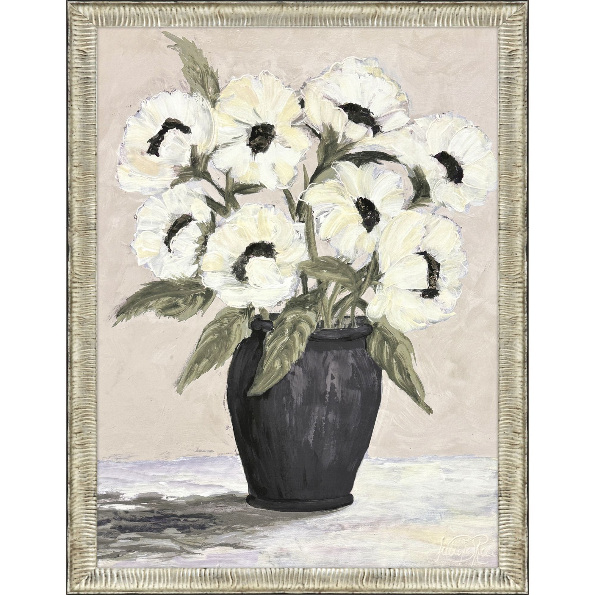 White Flowers White and Beige and Black and Green Framed Art