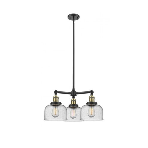 Franklin Restoration Large Bell 3 Light 22 inch Black Antique Brass Chandelier Ceiling Light in Seedy Glass, Franklin Restoration