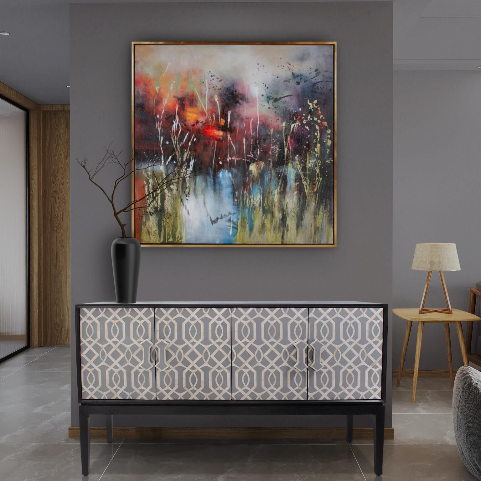 Shearer 60 inch Black and Gray with White Credenza