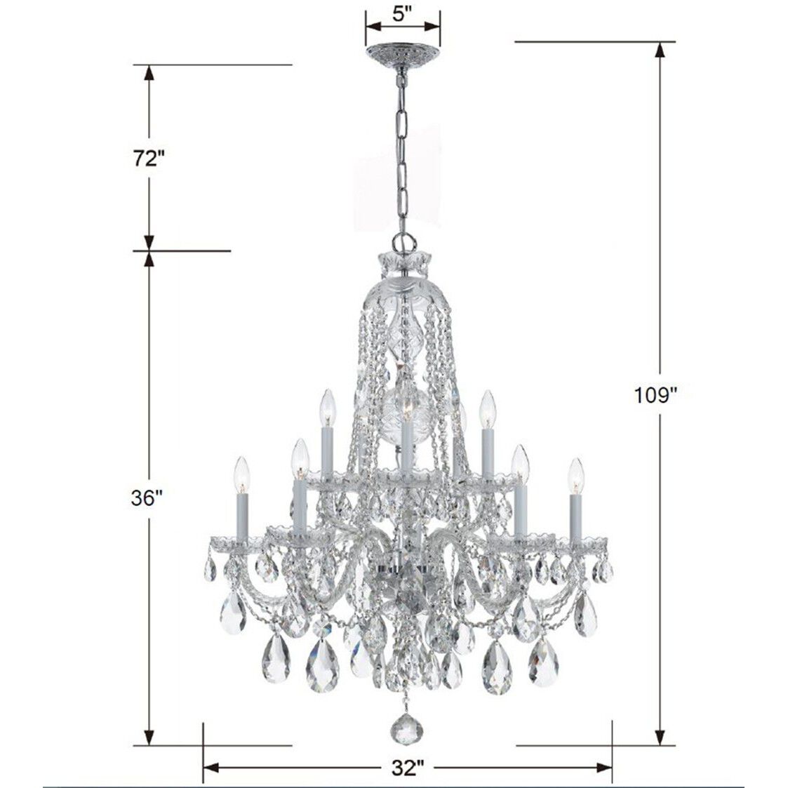 Traditional Crystal 10 Light 32 inch Polished Chrome Chandelier Ceiling Light in Clear Hand Cut