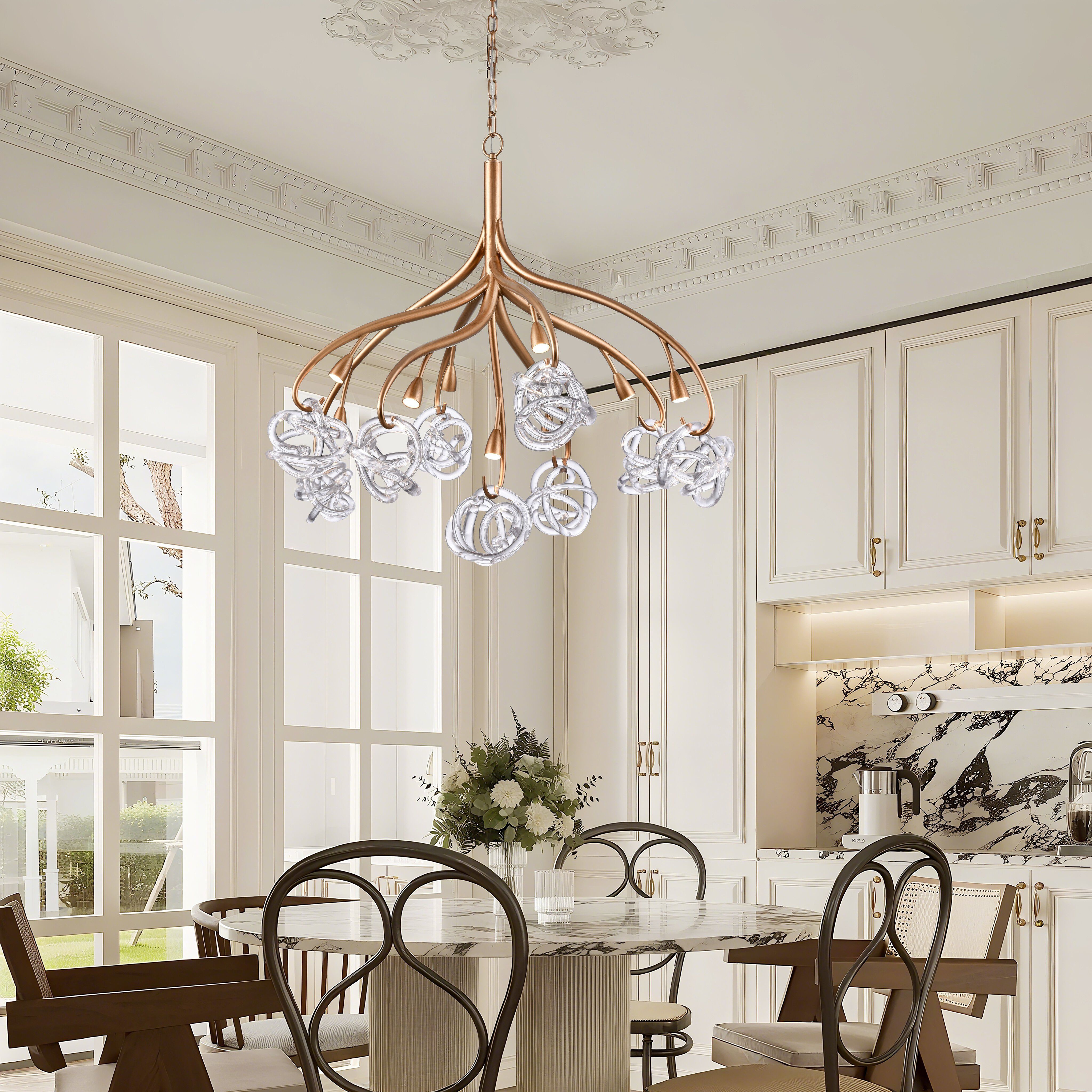 Freeform LED 37 inch Antique Gold Leaf Chandelier Ceiling Light, Converts to Semi Flush