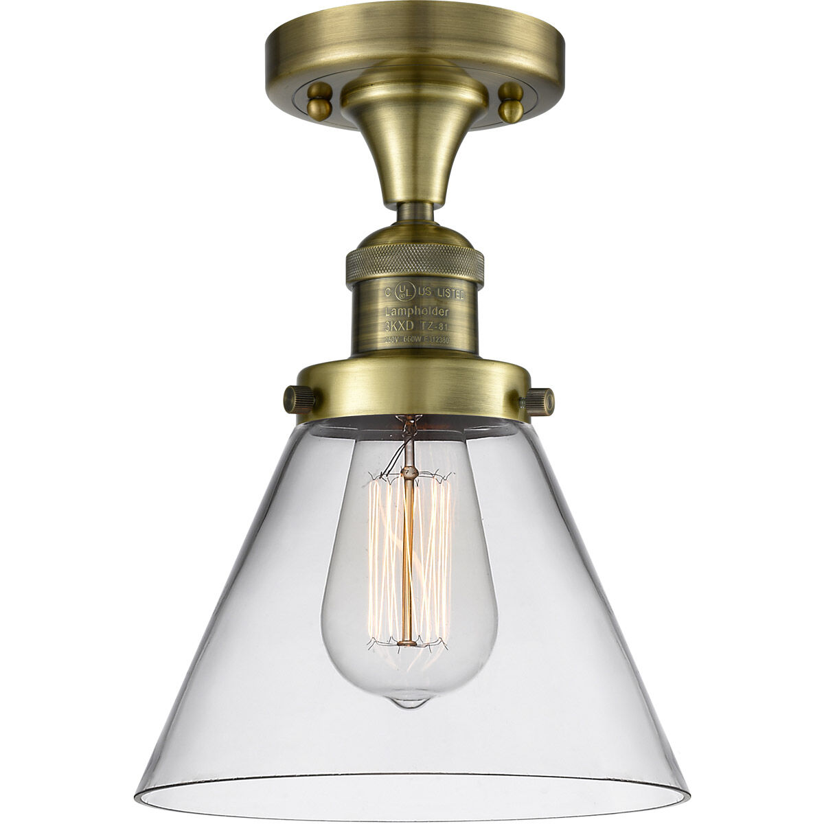Franklin Restoration Large Cone LED 8 inch Antique Brass Semi-Flush Mount Ceiling Light in Clear Glass, Franklin Restoration