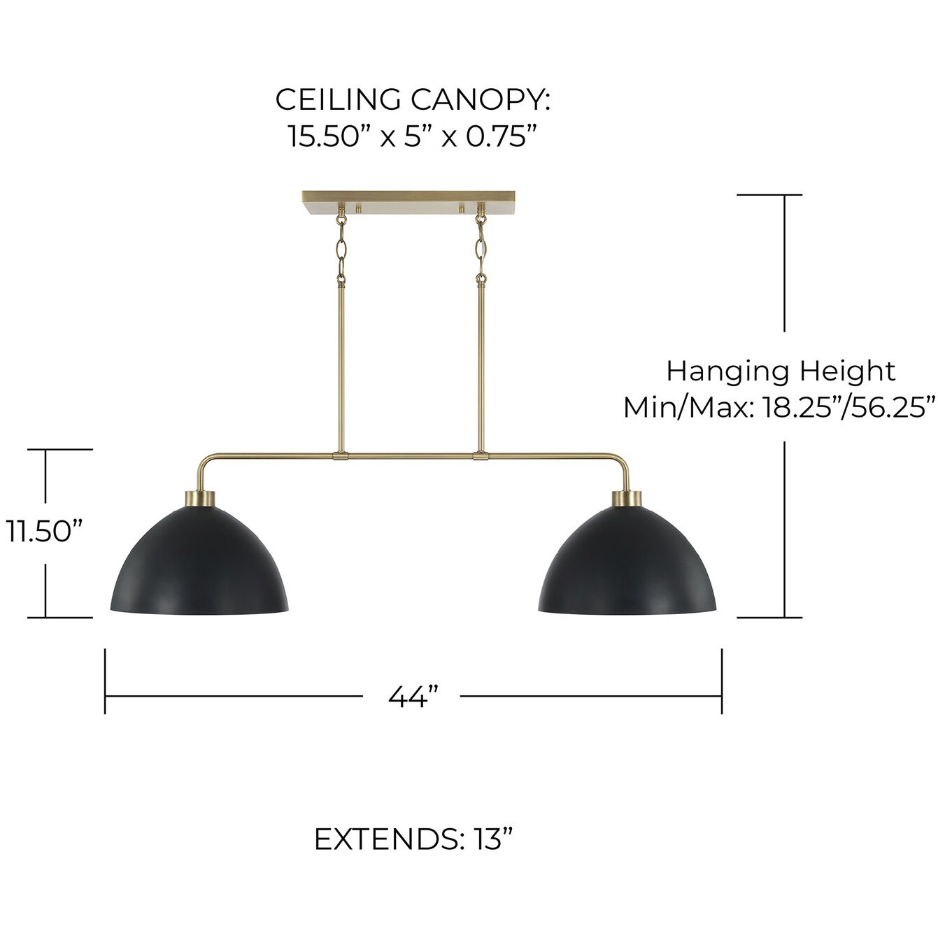 Ross 2 Light 44 inch Aged Brass Linear Chandelier Ceiling Light in Matte Black with White Interior