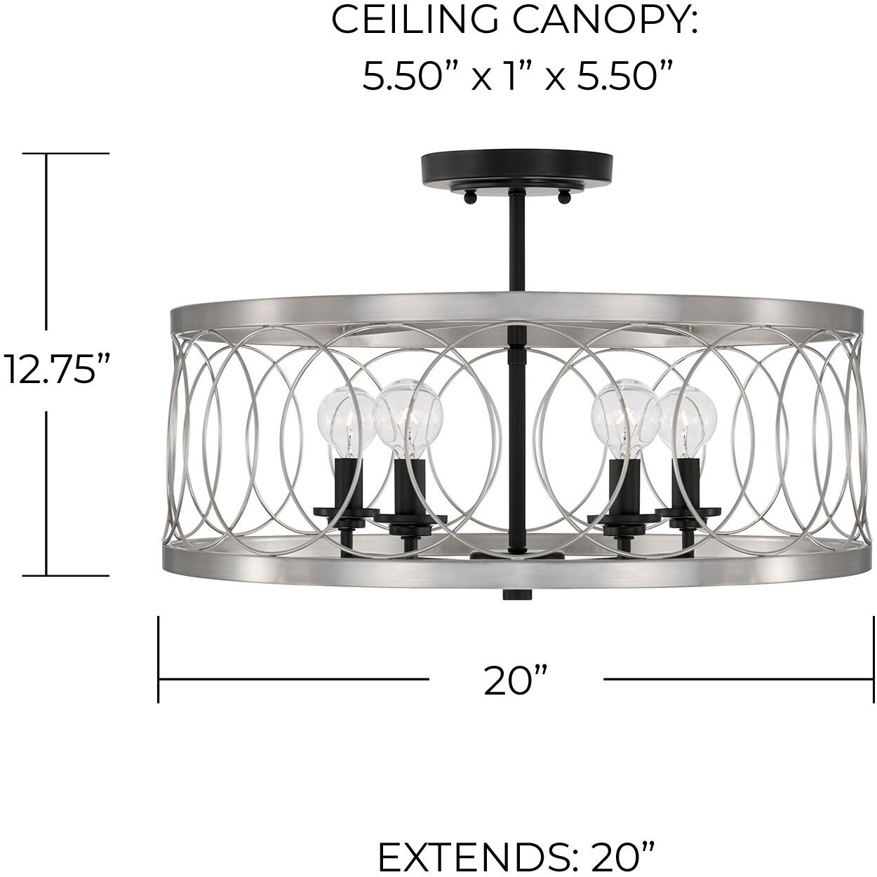 Madeline 4 Light 20 inch Black Tie Semi-Flush Mount Ceiling Light