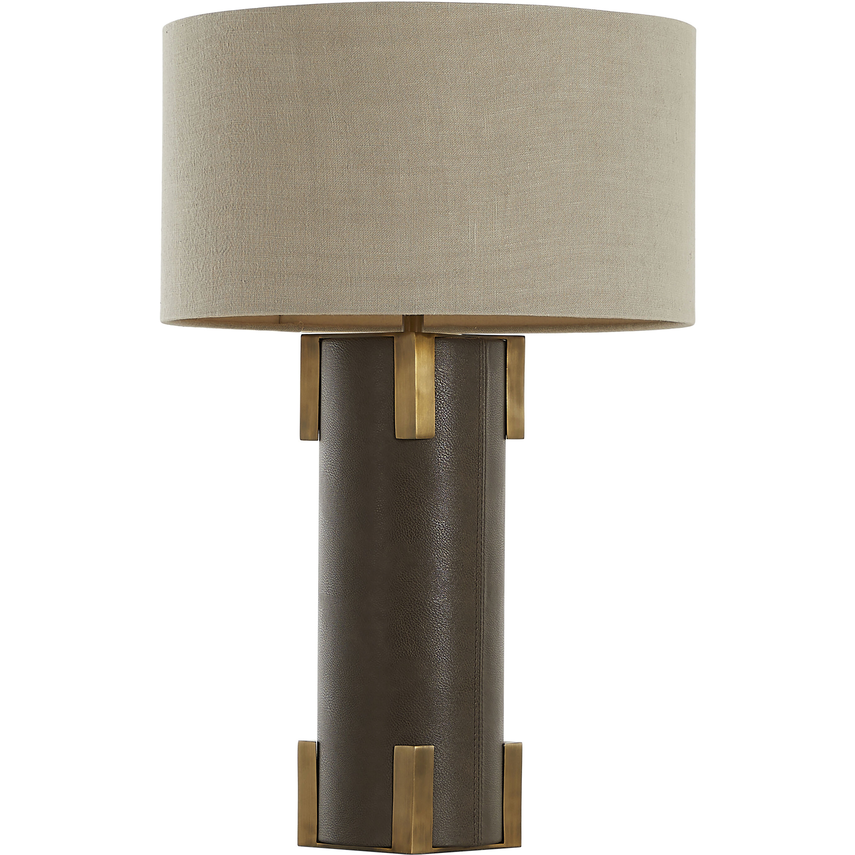Bronx 29 inch Brushed Antique Brass and Dark Brown Leather with Beige Linen Table Lamp Portable Light