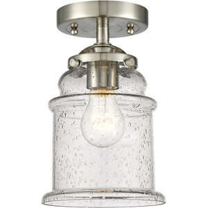 Nouveau Small Canton LED 5 inch Black Antique Brass Semi-Flush Mount Ceiling Light in Matte White Glass, Nouveau