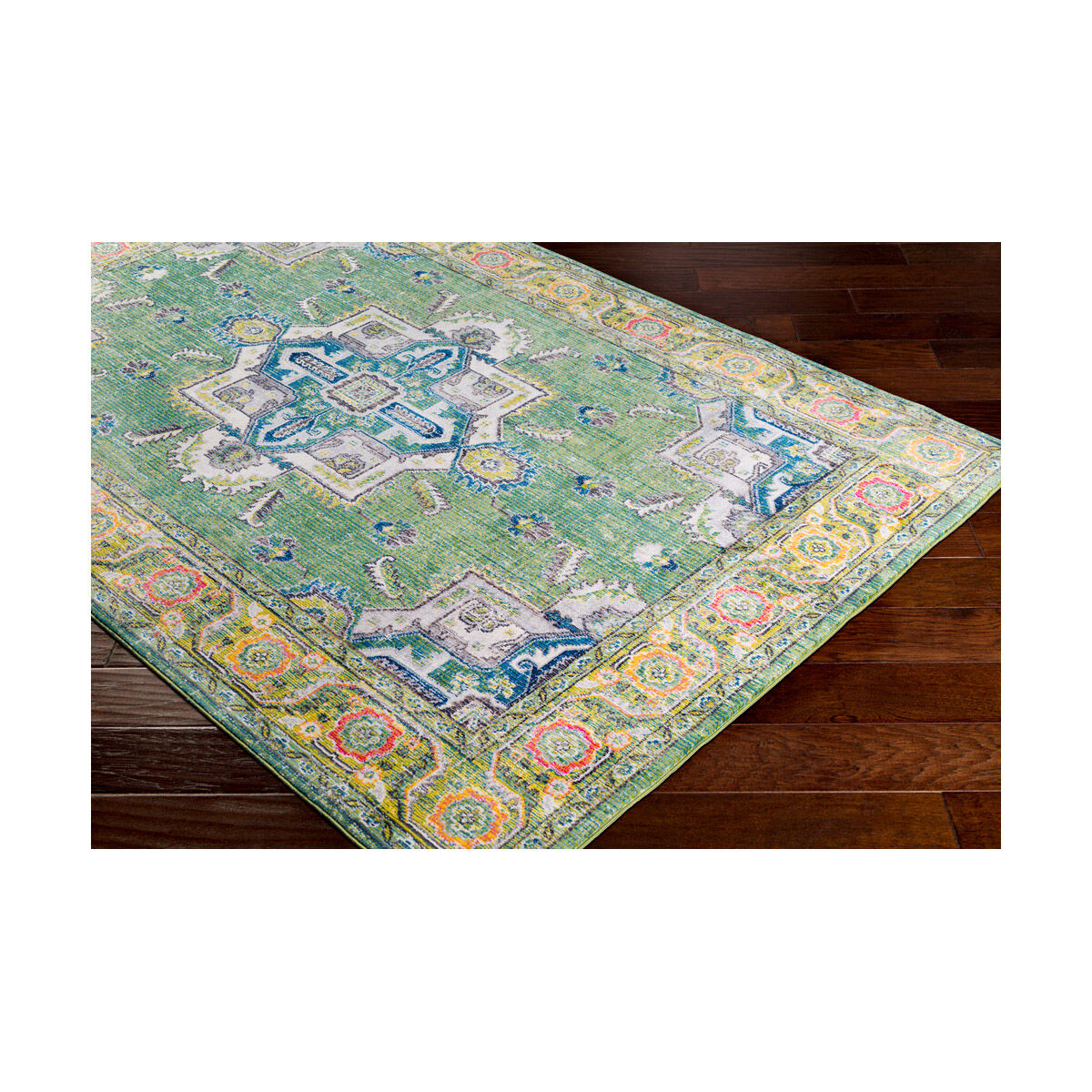 Aura Silk 90 X 63 inch Lime/Dark Green/Sky Blue/Medium Gray/White Rugs, Rectangle