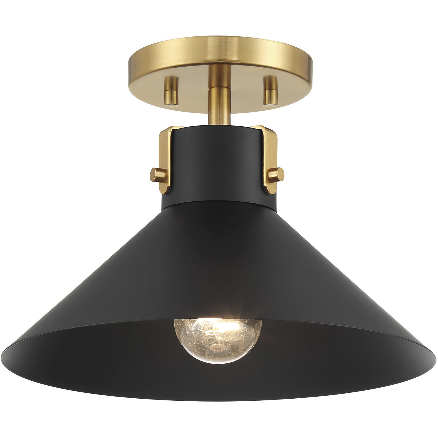 Contemporary 1 Light 11.5 inch Matte Black with Natural Brass Semi-Flush Ceiling Light