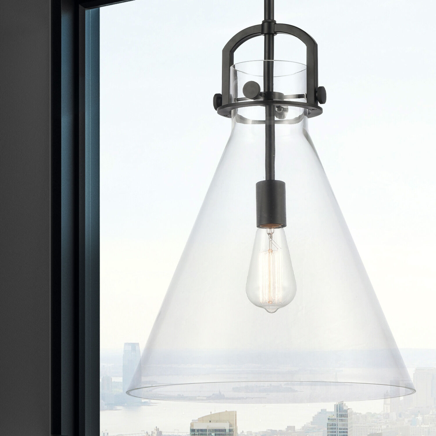 Newton Cone 1 Light 14 inch Matte Black Pendant Ceiling Light in Clear Glass