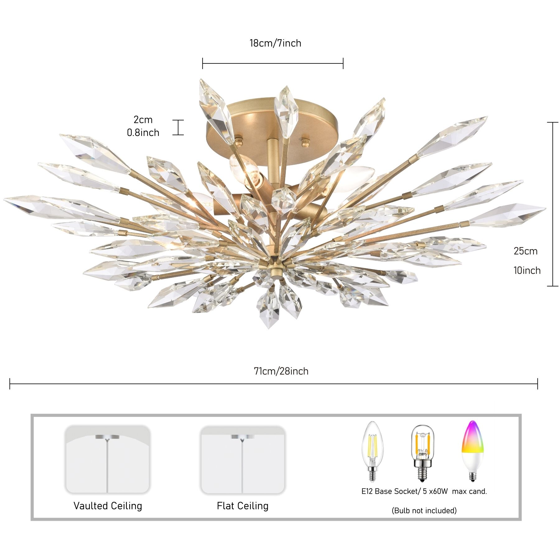 Crystal Fusion 5 Light 28 inch Peruvian Gold Semi Flush Ceiling Light