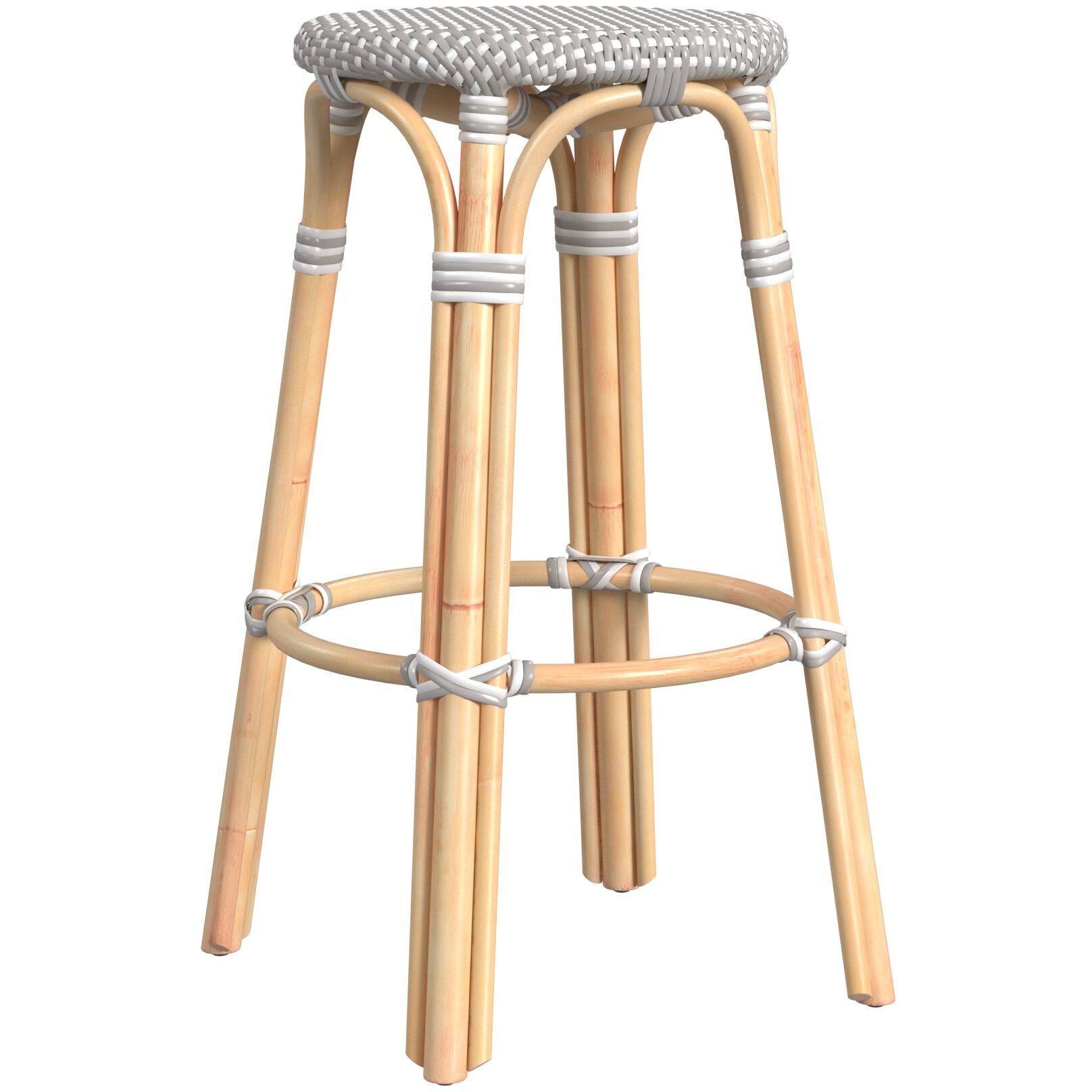 Tobias Round Rattan 30" Bar Stool in Gray and White Dot