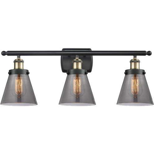 Ballston Small Cone 3 Light 26 inch Black Antique Brass Bath Vanity Light Wall Light in Plated Smoke Glass