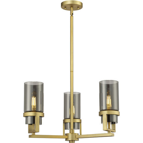 Utopia 3 Light 21.5 inch Brushed Brass Pendant Ceiling Light in Plated Smoke Glass