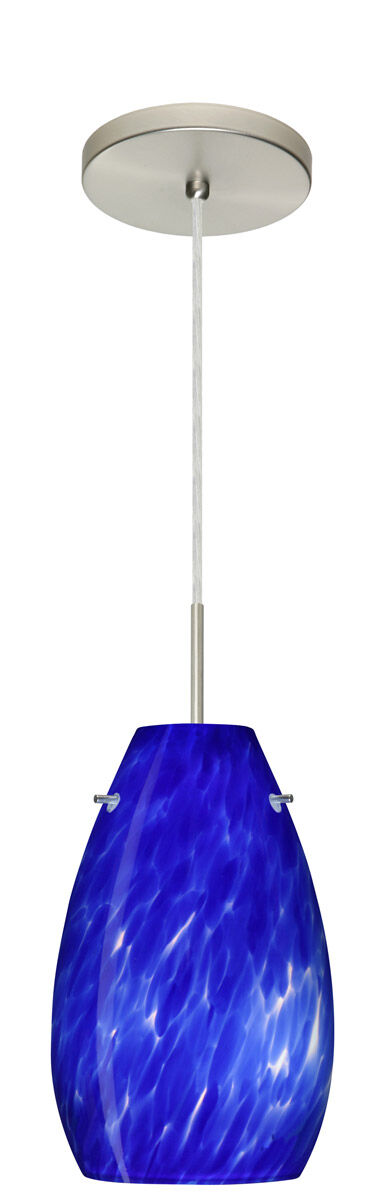 Pera 1 Light Satin Nickel Pendant Ceiling Light in Blue Cloud Glass, Incandescent