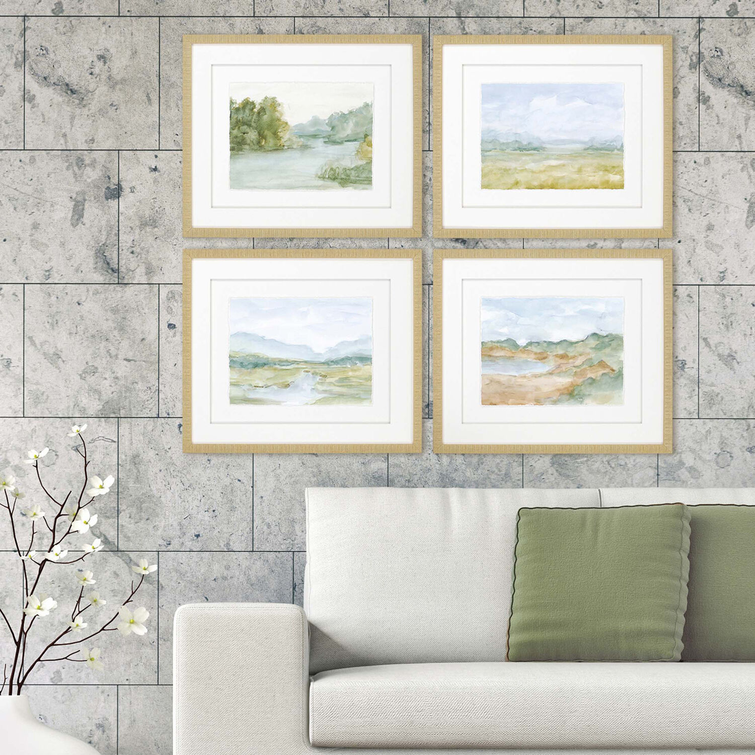 Watercolour Green and Blue and Rust and Yellow Framed Art