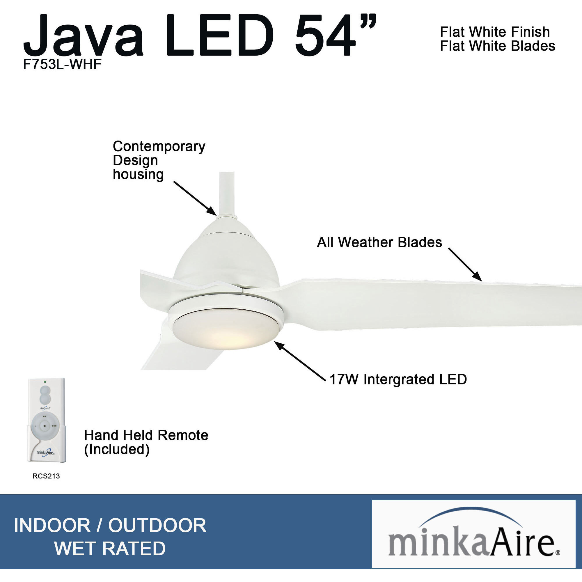 Java 54 inch Flat White Outdoor Ceiling Fan