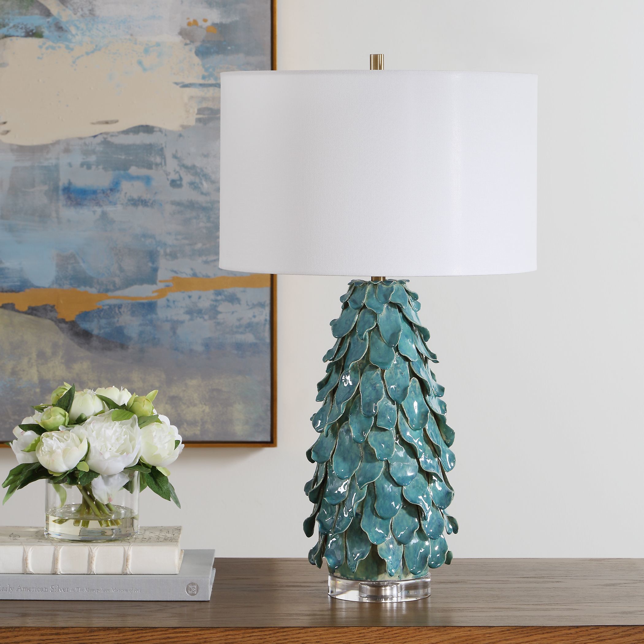Mina 27.5 inch 150 watt Aged Teal Blue and Crystal with Antique Brass Table Lamp Portable Light