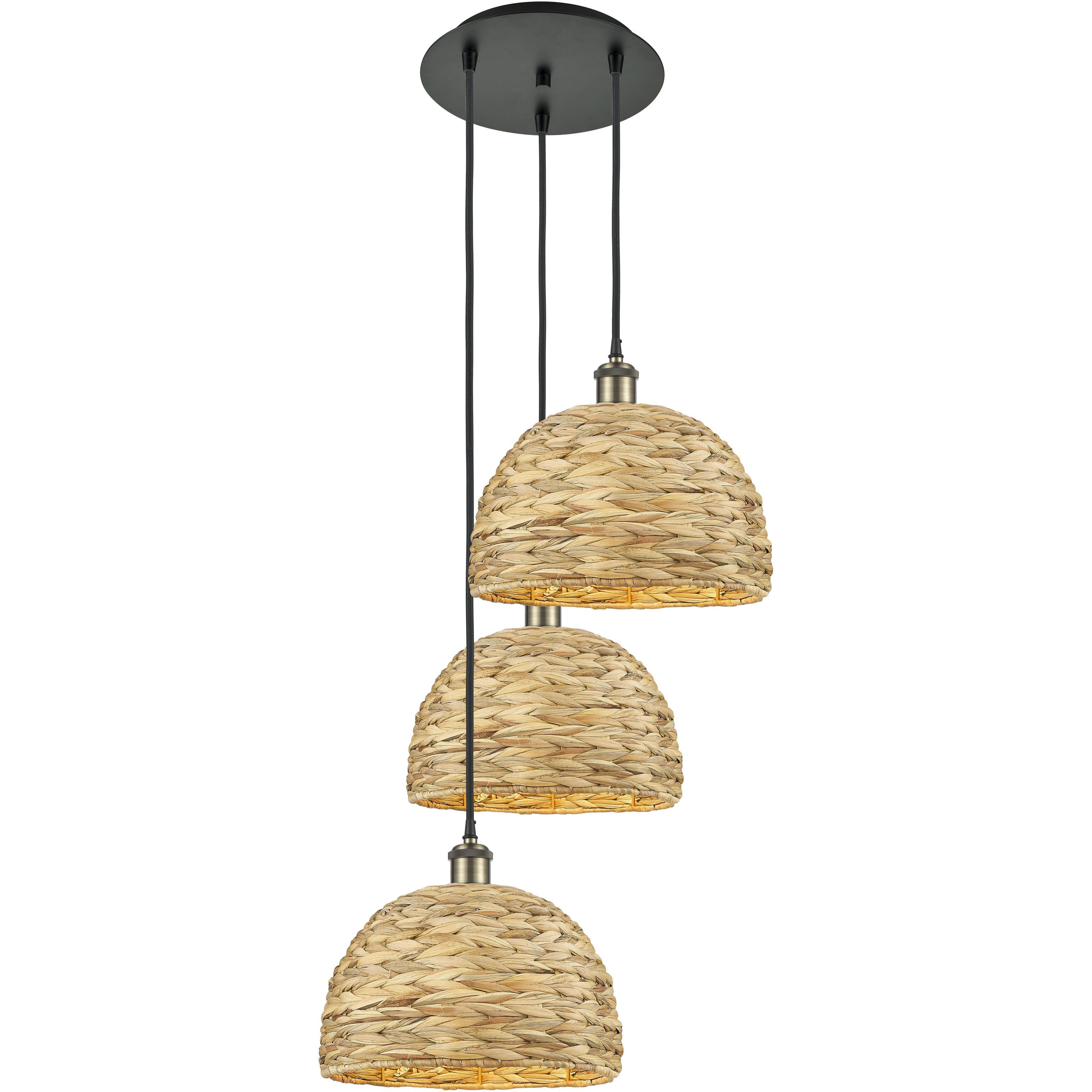 Woven Rattan 3 Light 18.5 inch Black Antique Brass Multi Pendant Ceiling Light