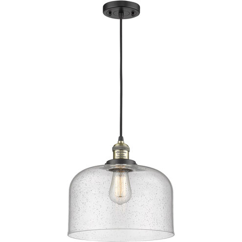 Franklin Restoration X-Large Bell LED 12 inch Black Antique Brass Mini Pendant Ceiling Light in Seedy Glass, Franklin Restoration