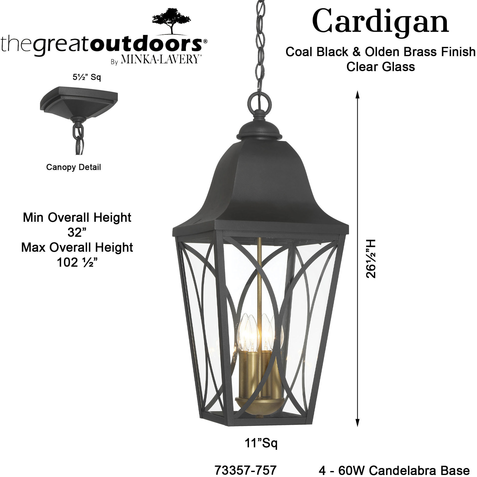 Cardigan 3 Light 11 inch Sand Coal and Olden Brass Outdoor Pendant, Great Outdoors