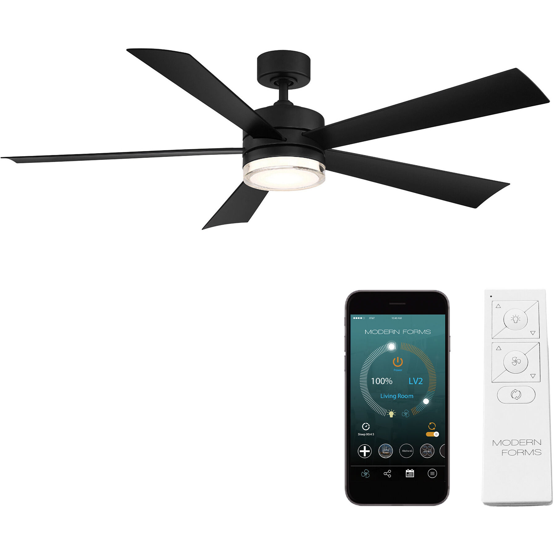 Wynd 52 inch Matte Black Downrod Ceiling Fan in 3000K, Smart Ceiling Fan