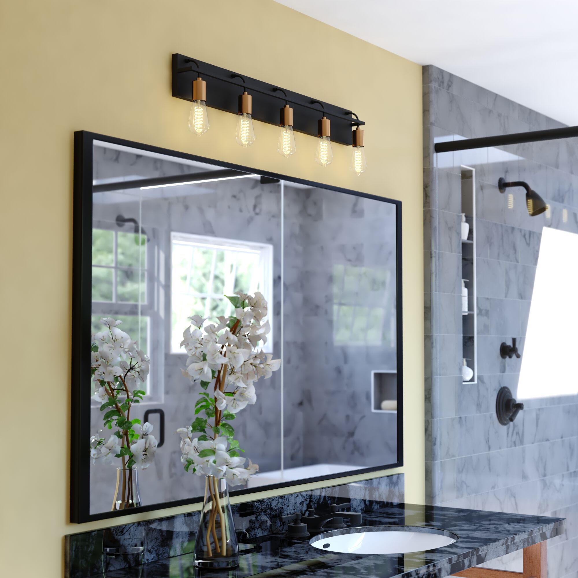 Seward Park 5 Light 36 inch Black and Satin Brass Bathroom Vanity Wall Light, Full Backplate