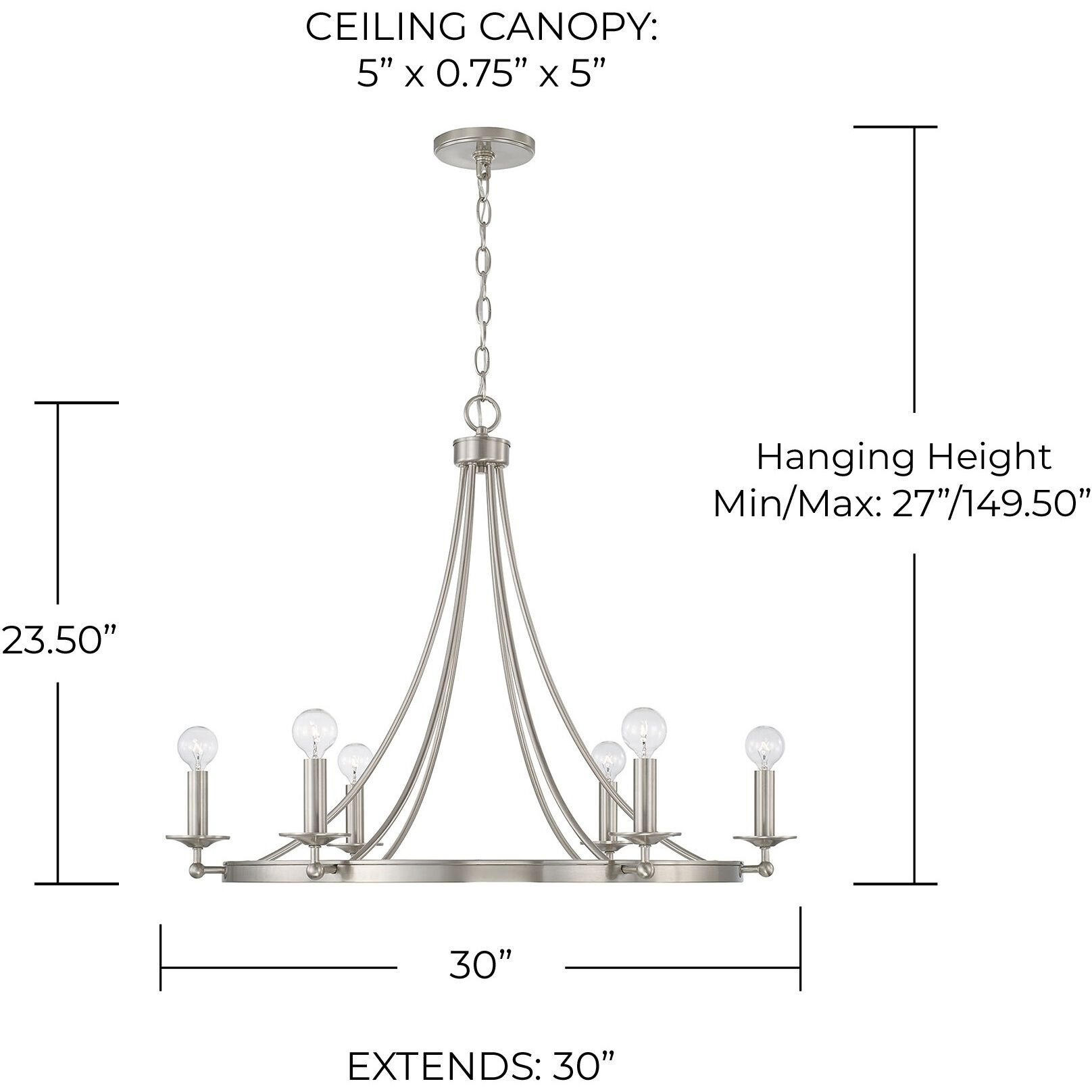 Elijah 6 Light 30 inch Brushed Nickel Chandelier Ceiling Light