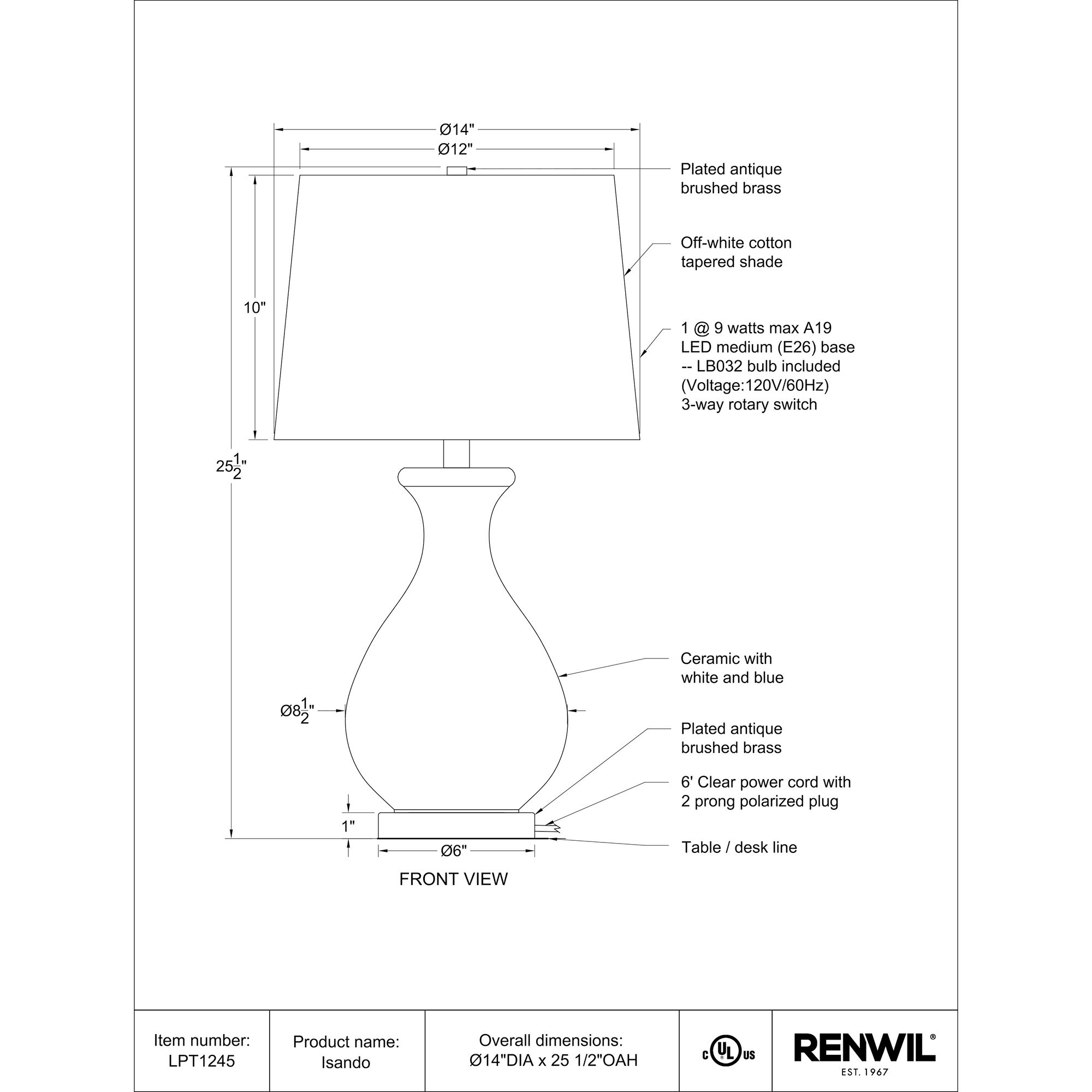 Isando 25.5 inch 100.00 watt White and Blue with Antique Brass Table Lamp Portable Light
