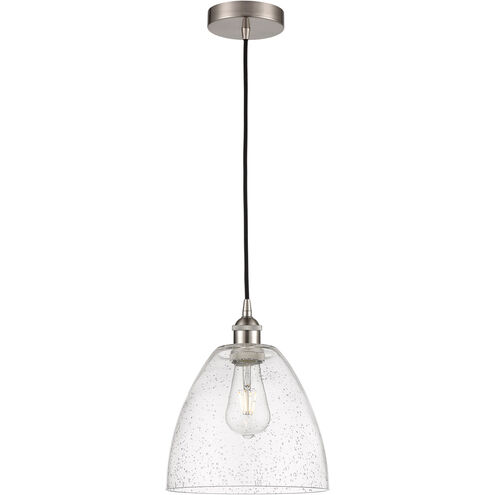 Edison Dome LED 9 inch Brushed Satin Nickel Mini Pendant Ceiling Light in Seedy Glass