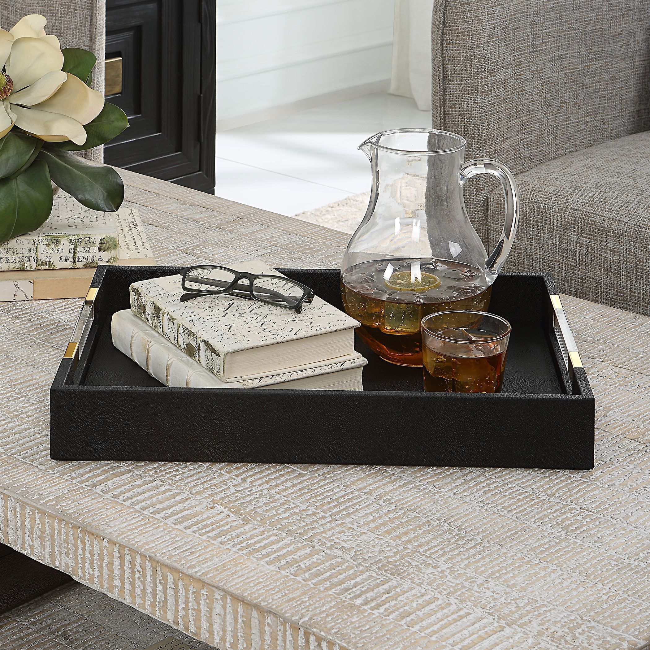 Wessex Black Faux Shagreen with Acrylic and Brass Tray