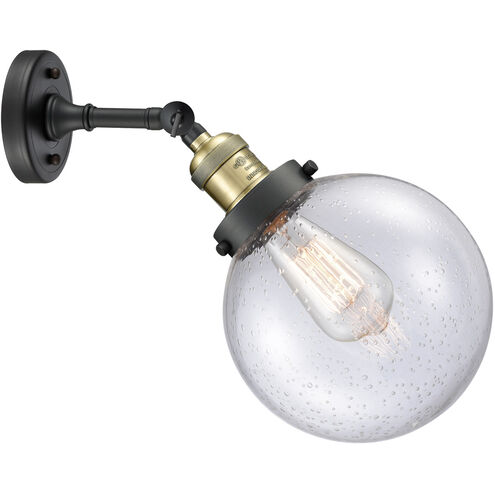 Franklin Restoration Large Beacon LED 8 inch Black Antique Brass Sconce Wall Light in Seedy Glass, Franklin Restoration