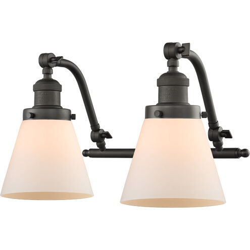 Franklin Restoration Small Cone 2 Light 18 inch Oil Rubbed Bronze Bath Vanity Light Wall Light in Matte White Glass, Franklin Restoration