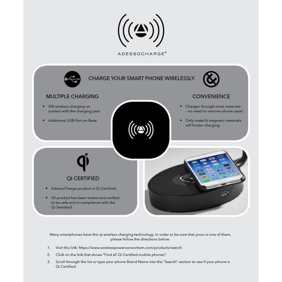 Sawyer 17 inch 7.00 watt Brushed steel with black leather Wireless Charging Desk Lamp Portable Light, with AdessoCharge