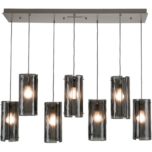 Textured Glass 7 Light Flat Bronze Linear Pendant Ceiling Light in Ivory Wisp, Multi-Port