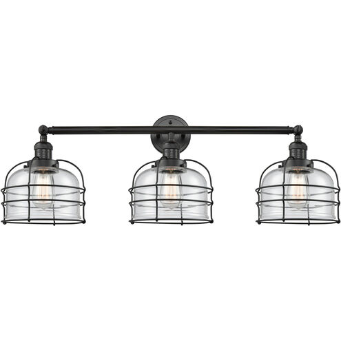 Franklin Restoration Large Bell Cage 3 Light 34 inch Matte Black Bath Vanity Light Wall Light in Clear Glass, Franklin Restoration