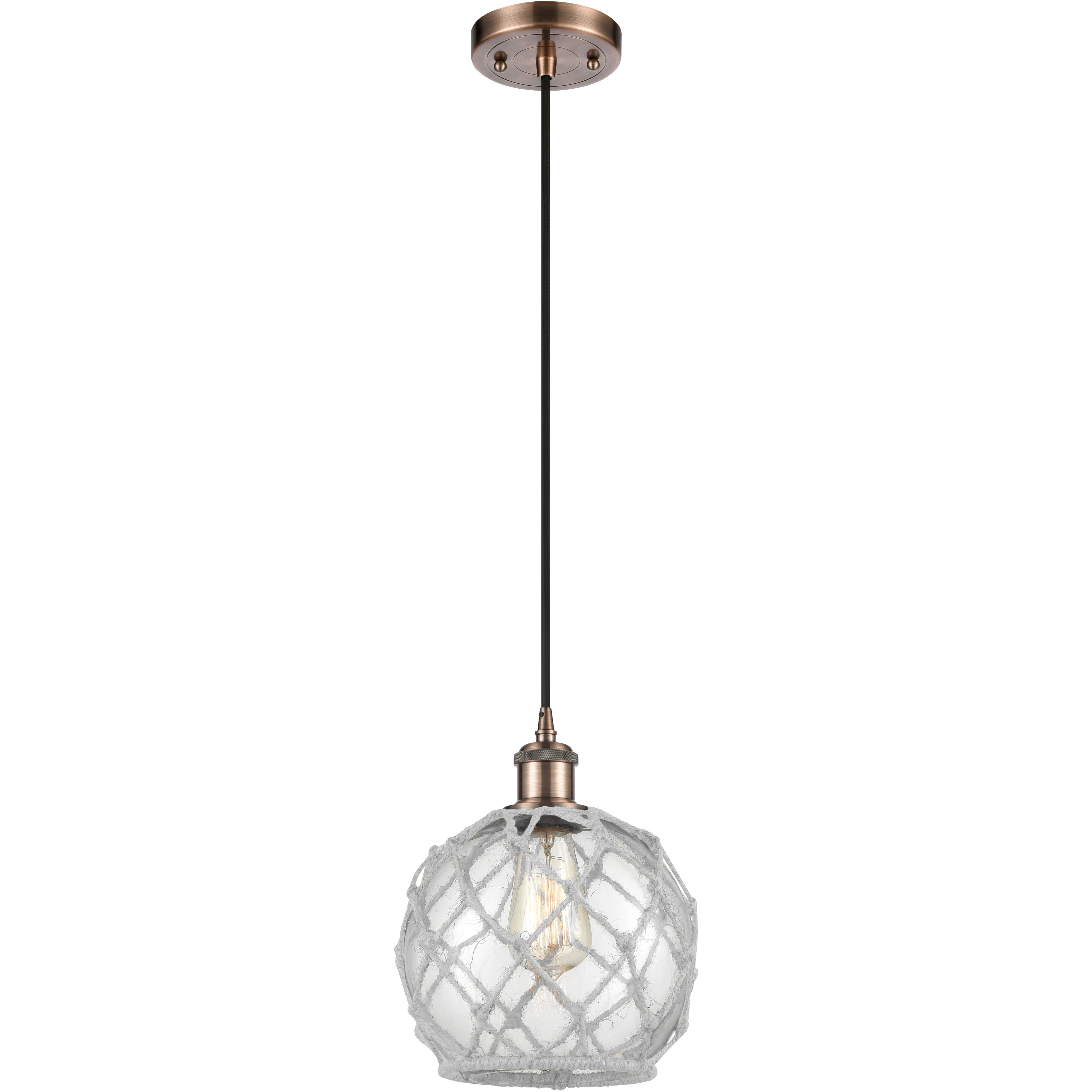 Ballston Farmhouse Rope LED 8 inch Antique Copper Mini Pendant Ceiling Light in Clear Glass with White Rope, Ballston