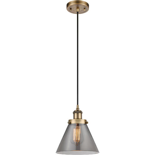 Ballston Large Cone 1 Light 8 inch Brushed Brass Mini Pendant Ceiling Light in Plated Smoke Glass