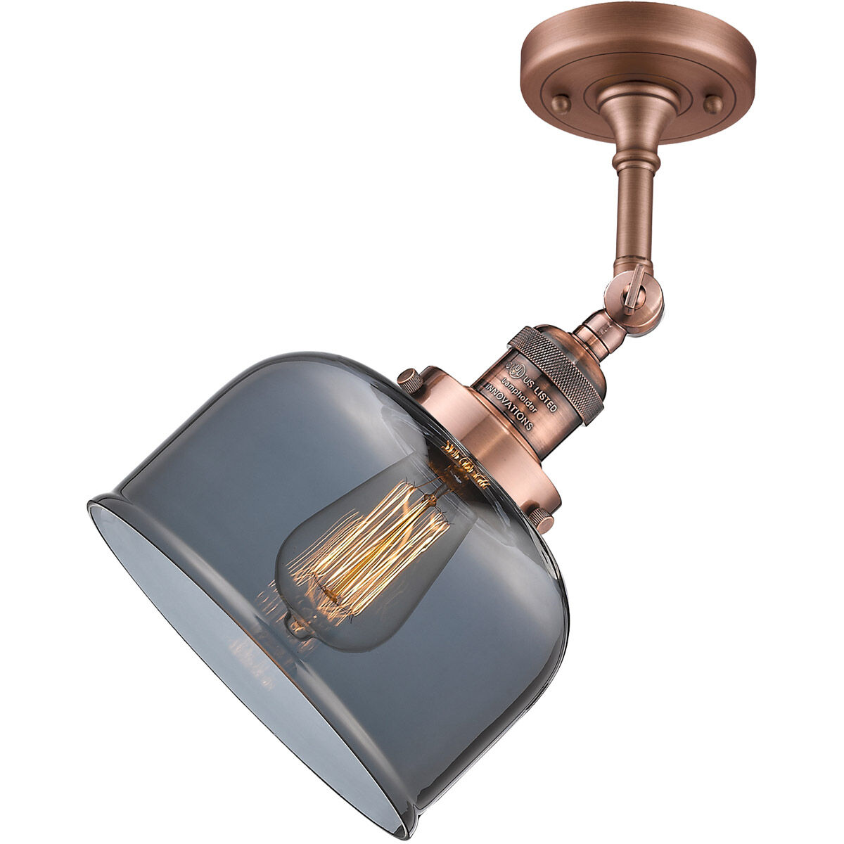 Franklin Restoration Large Bell LED 8 inch Antique Copper Semi-Flush Mount Ceiling Light in Plated Smoke Glass, Franklin Restoration