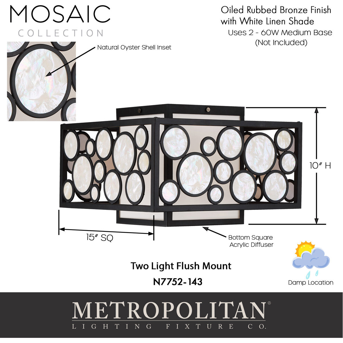 Mosaic 2 Light 15 inch Oil Rubbed Bronze Flush Mount Ceiling Light